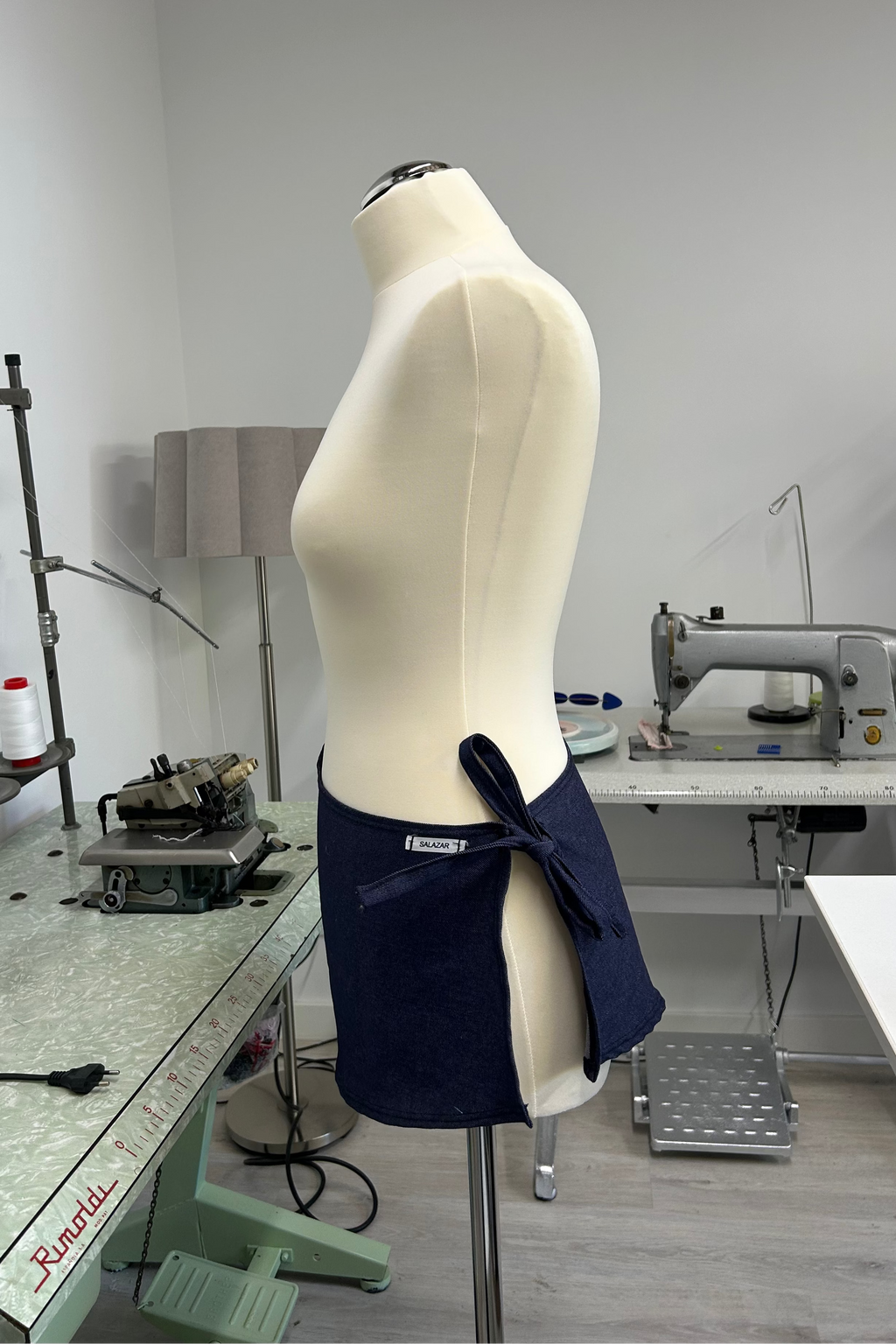 Side tie detail on Denim Mini Skirt by Salazar Studios
